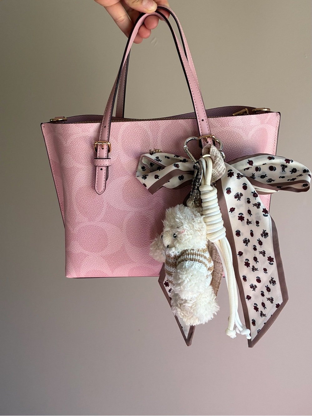 Plush Bear Keychain Charm with Bow and Pearl Tassel Bag Charm